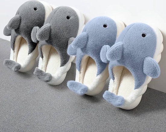 Nivard Pantoufles femmes - Pantoufles - Slippers - Chaussons Pantoufles femmes - Femme - Homme - Peluche - Taille 40-41 - Requin - Gris Grijs