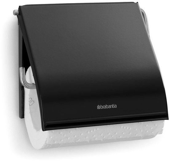 Porte-rouleau toilette noir avec rabat et un rouleau de papier toilette, marque Brabantia.