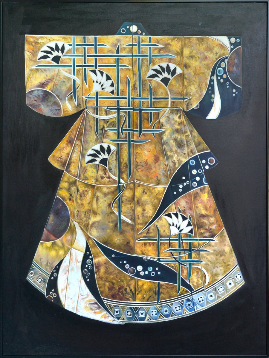 Fine Asianliving Olieverf Schilderij 100% Handgeschilderd Zwarte Omlijsting 90x120cm Chinese Kimono Geel Geel, Multicolour