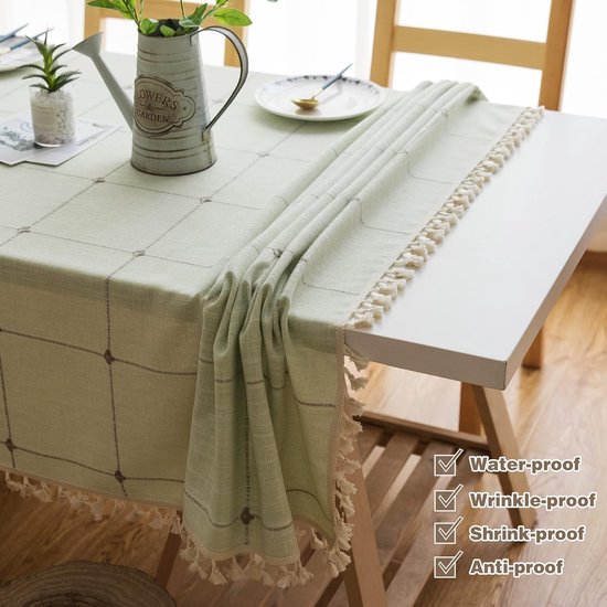 SUCHDECO Tafelkleed, rechthoekig, katoen, linnen, 140 x 300 cm, beige met groene bladborduurwerk met kwastjes, wasbaar, grote rechthoekige bedekking voor eettafel, keuken, kamer, feestdecoratie
