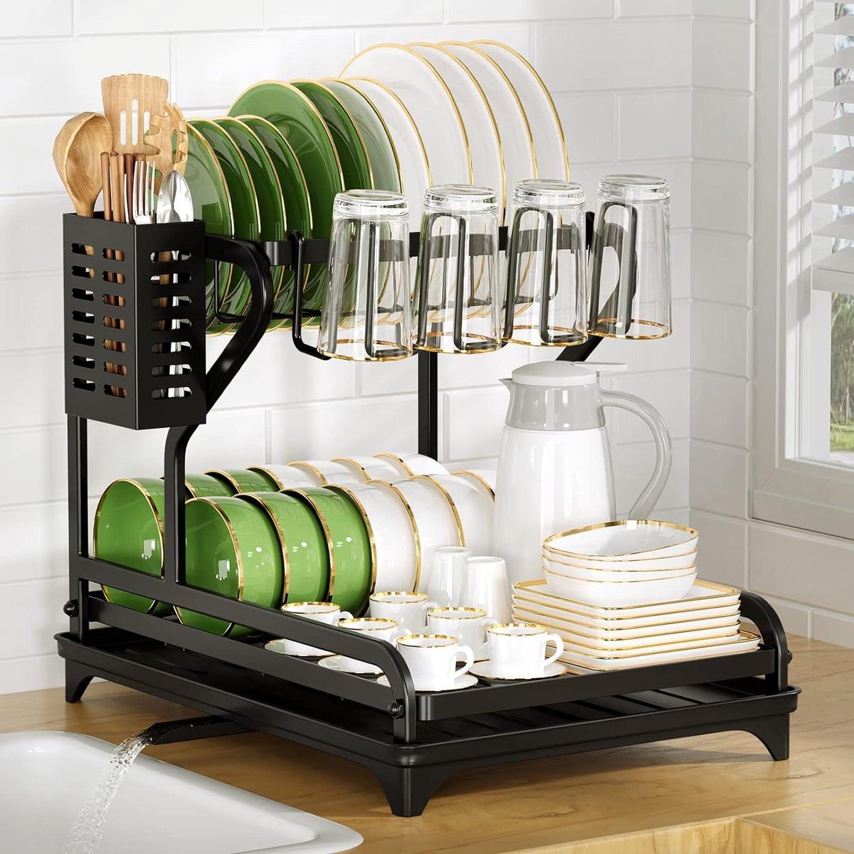Goedkoopste Afdruiprek servies zwart 2-traps afdruiprek roestvrij staal - Cocolemon dish drying rack