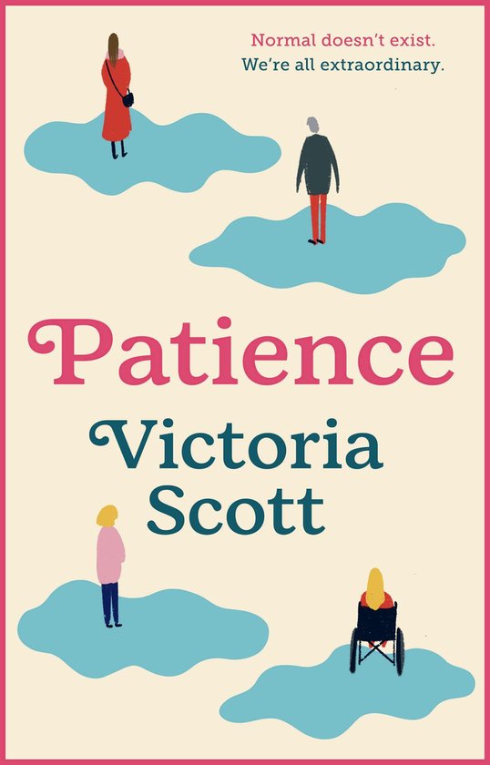 Boek kaft met de titel 'Patience' van Victoria Scott. Vier figuren staan op blauwe wolken. Een vrouw in rolstoel.