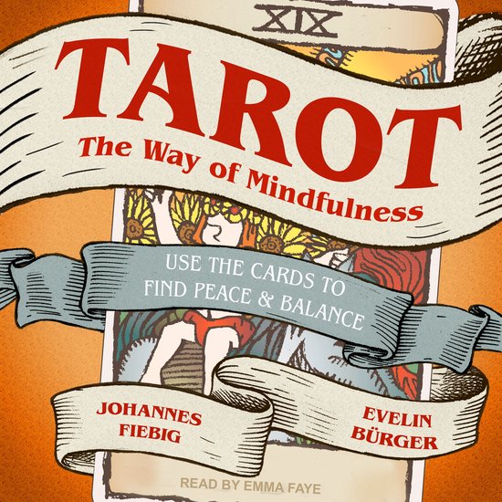 Boekomslag van 'Tarot: The Way of Mindfulness'. Tarotkaarten met zonbloemen en mensenfiguren, met tekst in rode en grijze letters.