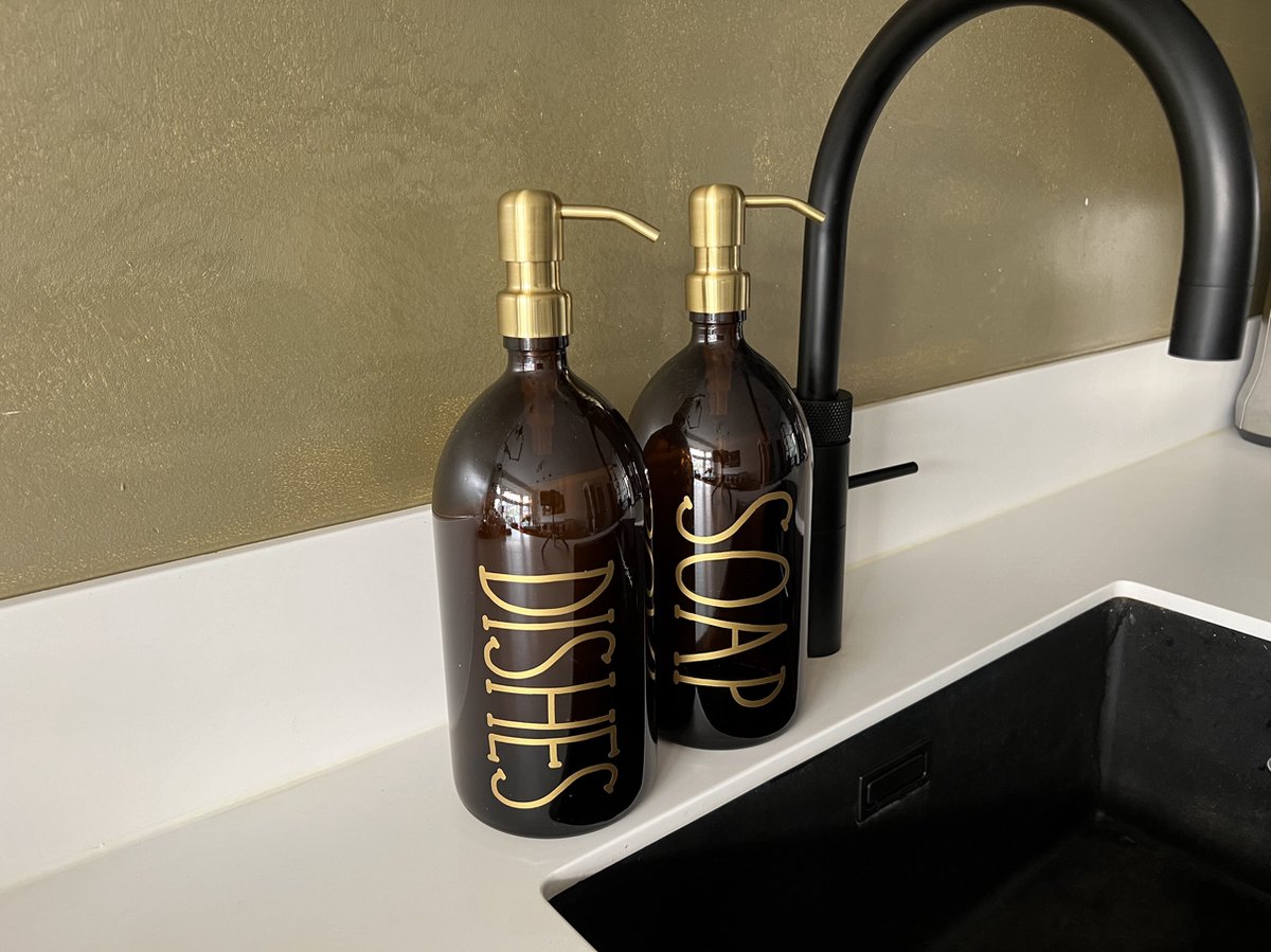 BBBLS Design Dispenser Giftset "Soap Dishes" | Bruin Glas | 1 liter | RVS / Metaal Pomp Goud | Zeeppomp | Zeepdispenser | Zeephouder