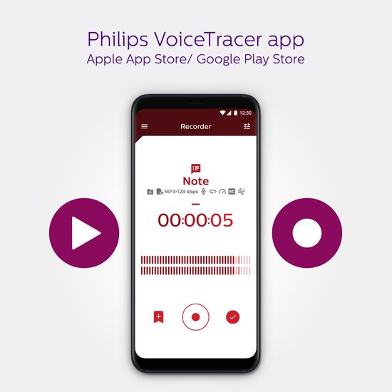 Een smartphone met de Philips VoiceTracer app, die een opname van 5 seconden weergeeft op het scherm.
