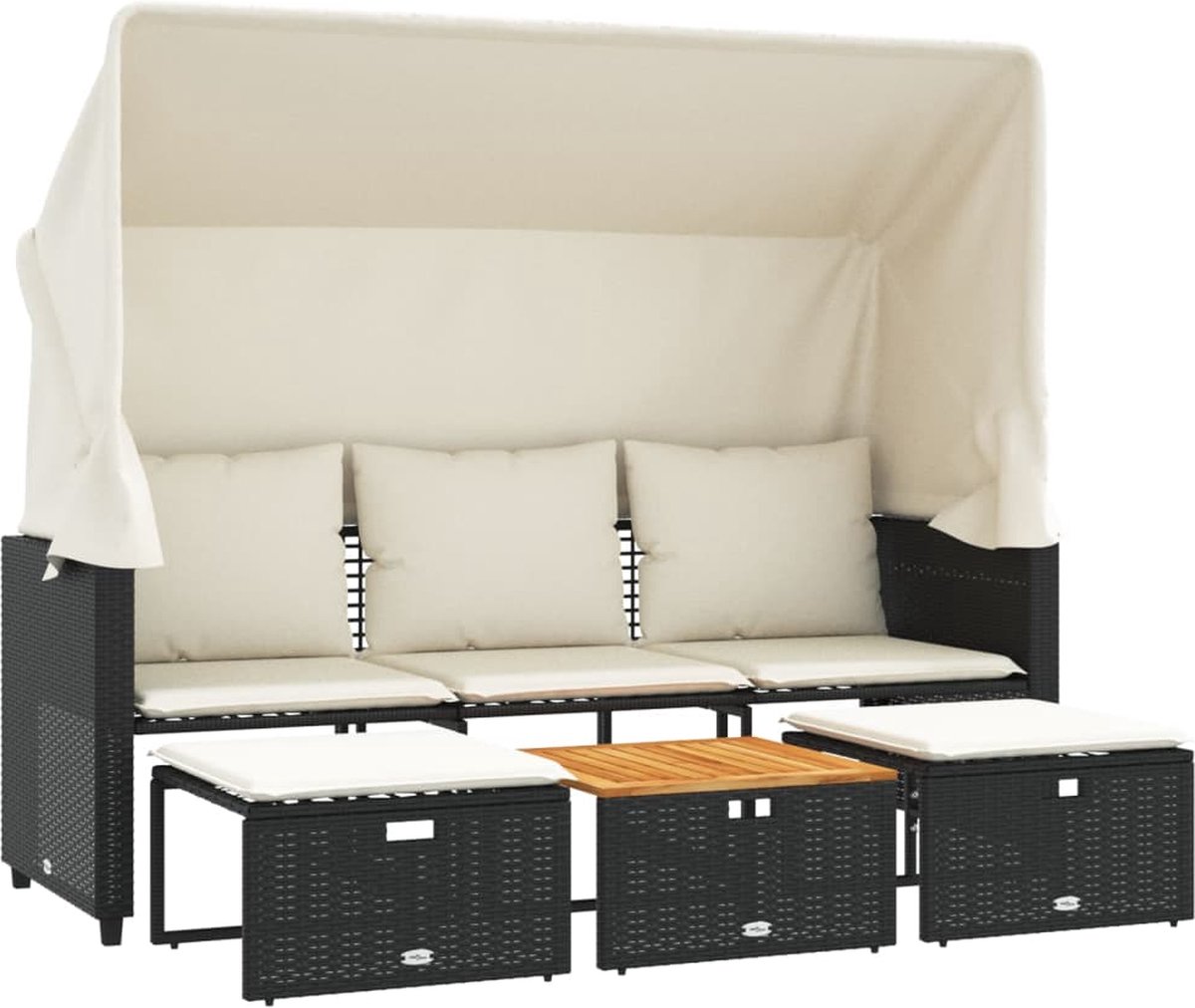 vidaXL Tuinbank - 3-zits - met - luifel - en - voetenbanken - poly - rattan - zwart