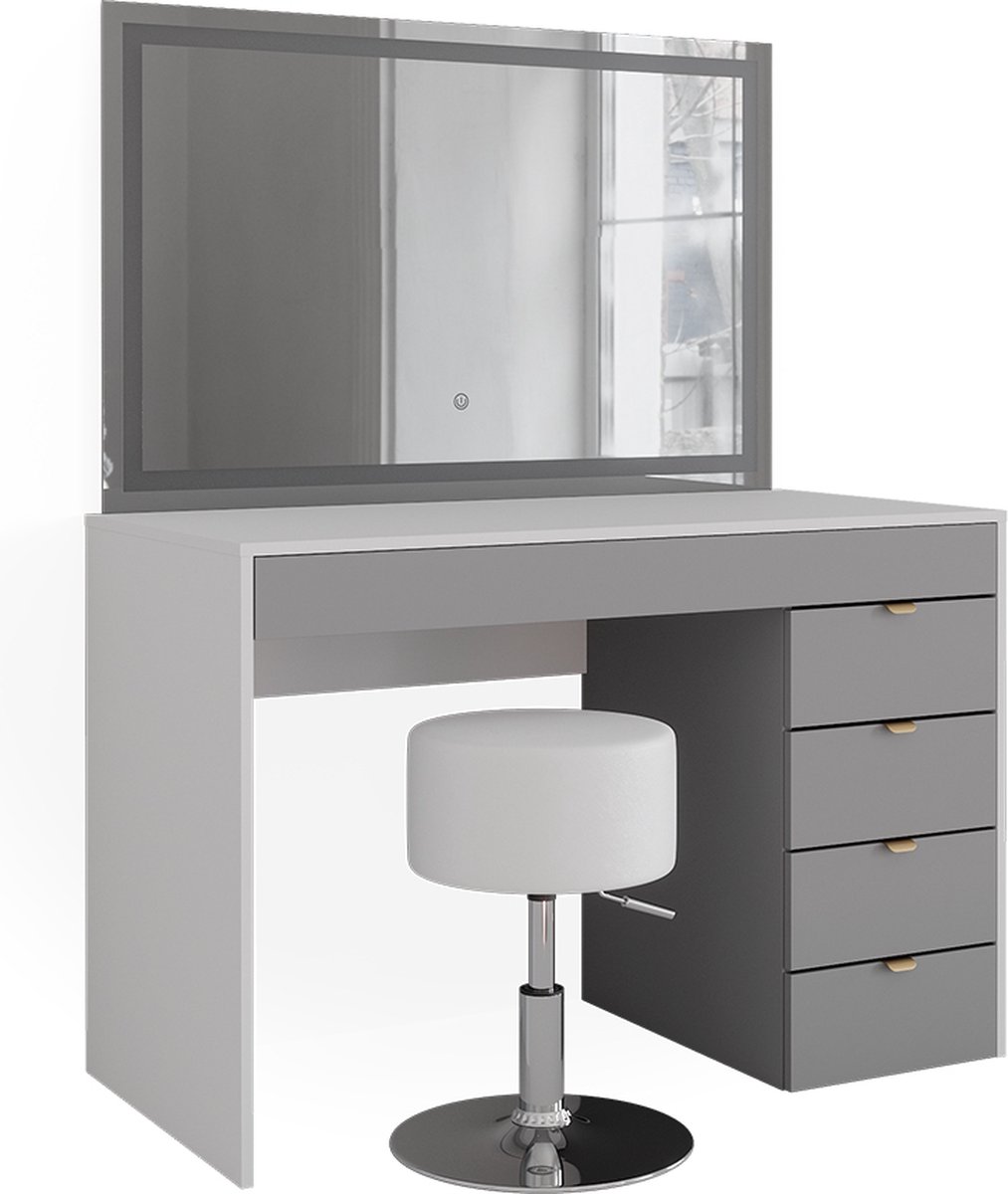 Vicco Kaptafel set met kruk Elise, Wit/Grijs, 115 cm met LED-spiegel en kruk