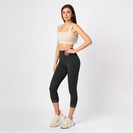 Merry Style MS-MS10-224-LE Dames Capri Leggings met Kant - Sport - Vrijetijdsbroek - 3/4 Lengte - Katoen - Zwart - XS