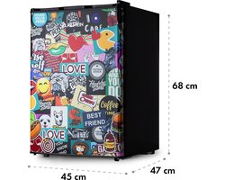 Klarstein Koelkast Cool Vibe - Inhoud: 70 liter, VividArt Concept: Deur met stickerbomb-designprint, ijsvak, ijsblokjesbakje, geluidsniveau: 42 dB, zwart - 72L - Mini Fridge - Compact Koelkast - Kleine Koelkast - Vrijstaande Koelkast