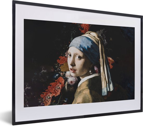 Fotolijst incl. Poster - Meisje met de parel - Vermeer - Bloemen - 40x30 cm - Posterlijst