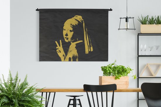 Wandkleed - Wanddoek - Meisje met de parel - Geel - Zwart - 120x90 cm - Wandtapijt
