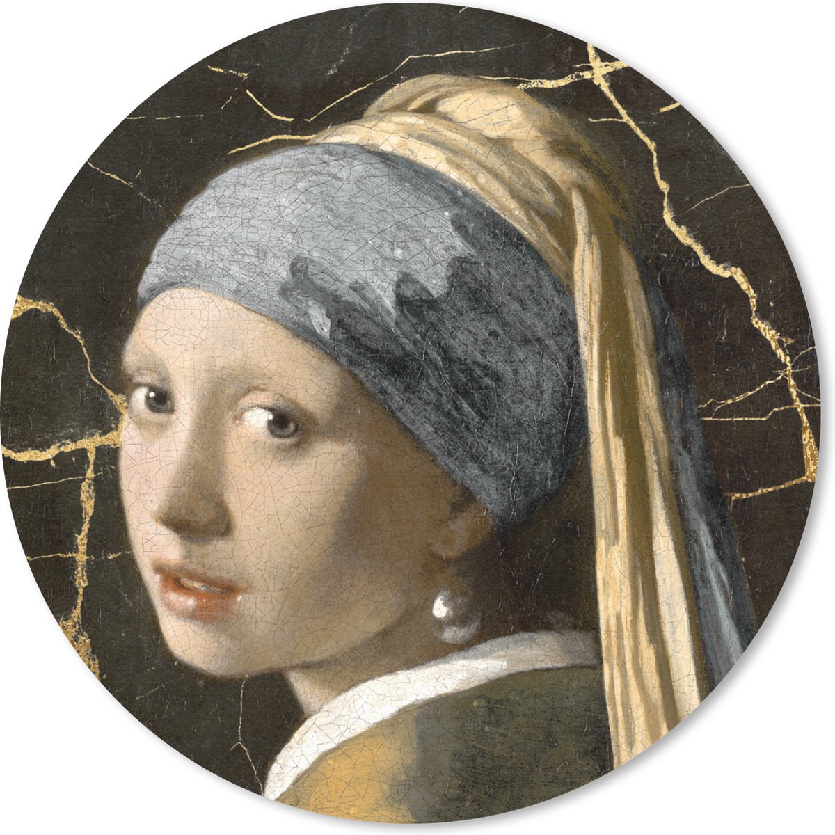 Muismat rond 30x30 cm - Mousepad Meisje met de parel - Goud - Zwart - Ronde muismatten
