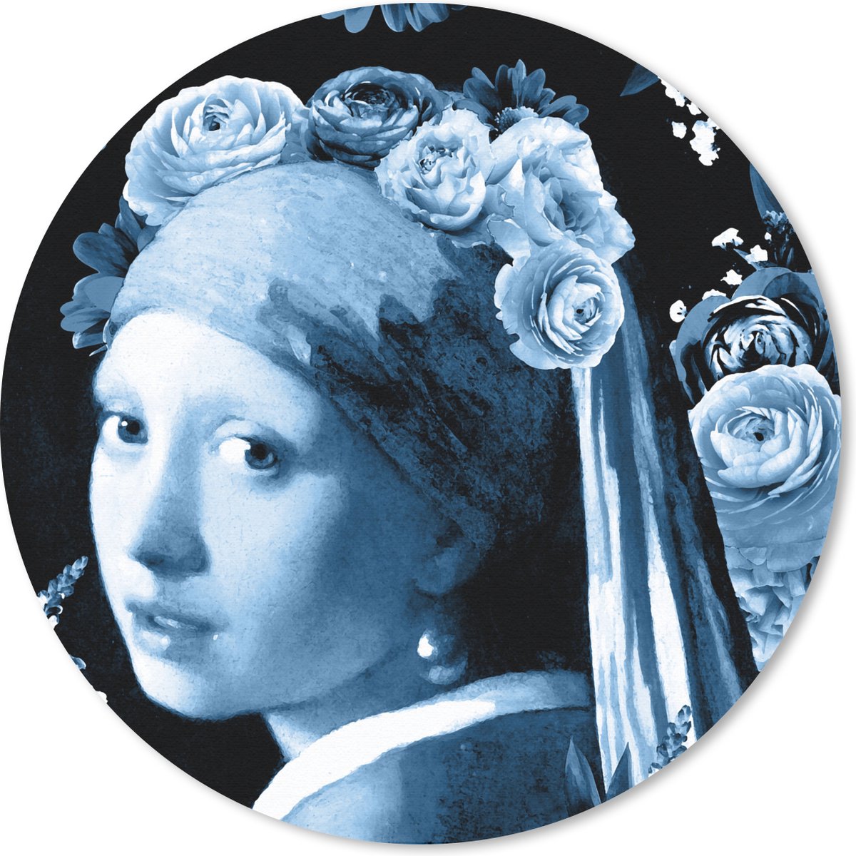 Muismat rond 40x40 cm - Mousepad Meisje met de parel - Rozen - Blauw - Ronde muismatten