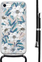 iPhone 8/7 hoesje met koord - Bloemen / Floral blauw | Apple iPhone 8 crossbody case | Zwart, Transparant | Bloemen