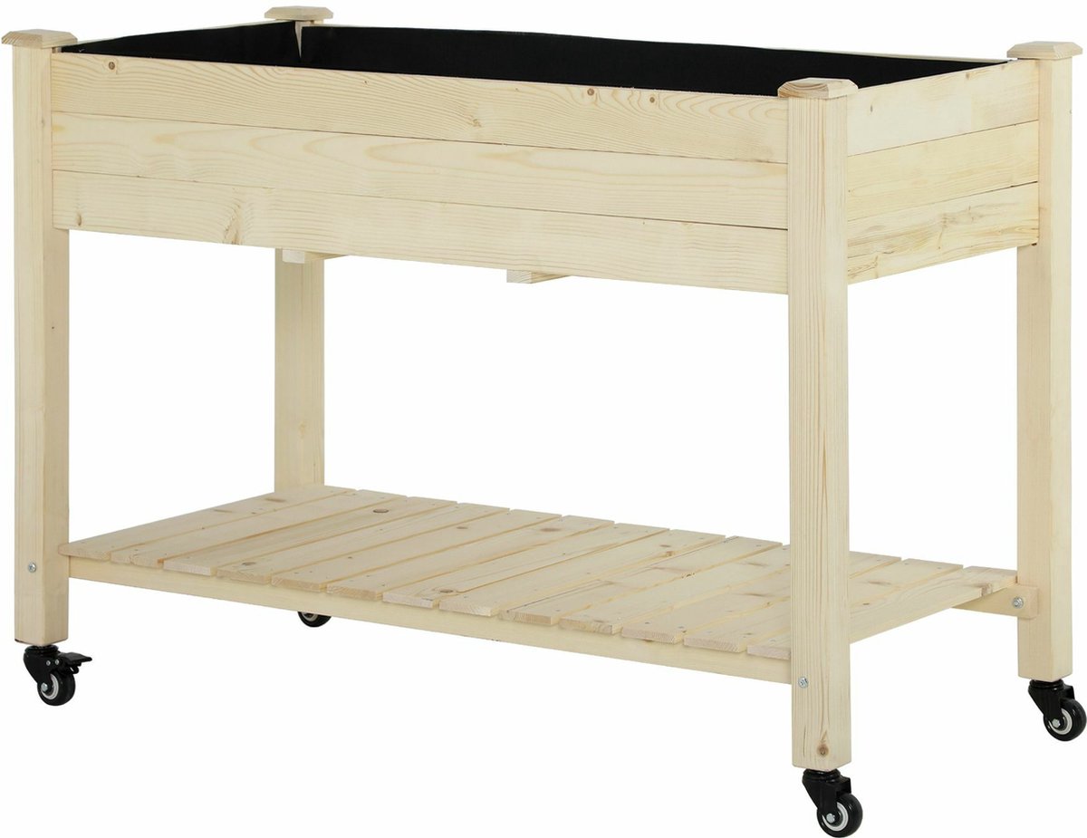 Outsunny Verhoogd Bed Met Wielen Plantentafel Bloembak Met Afvoer Massief Houten Vliesstof~12344f6kq0g01 Outsunny Verhoogd Bed Met Wielen Plantentafel Bloembak Met Afvoer Massief Houten Vliesstof~12344f6kq0g01