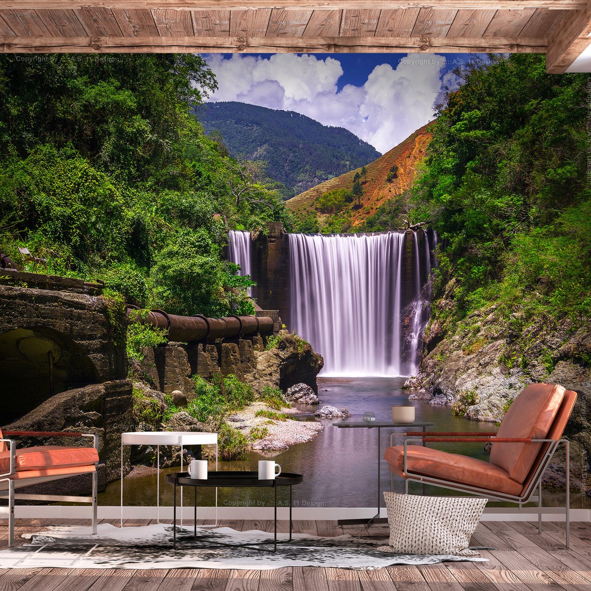 196cm X 140cm - Zelfklevend fotobehang -  Waterval in een bos  , Premium Print