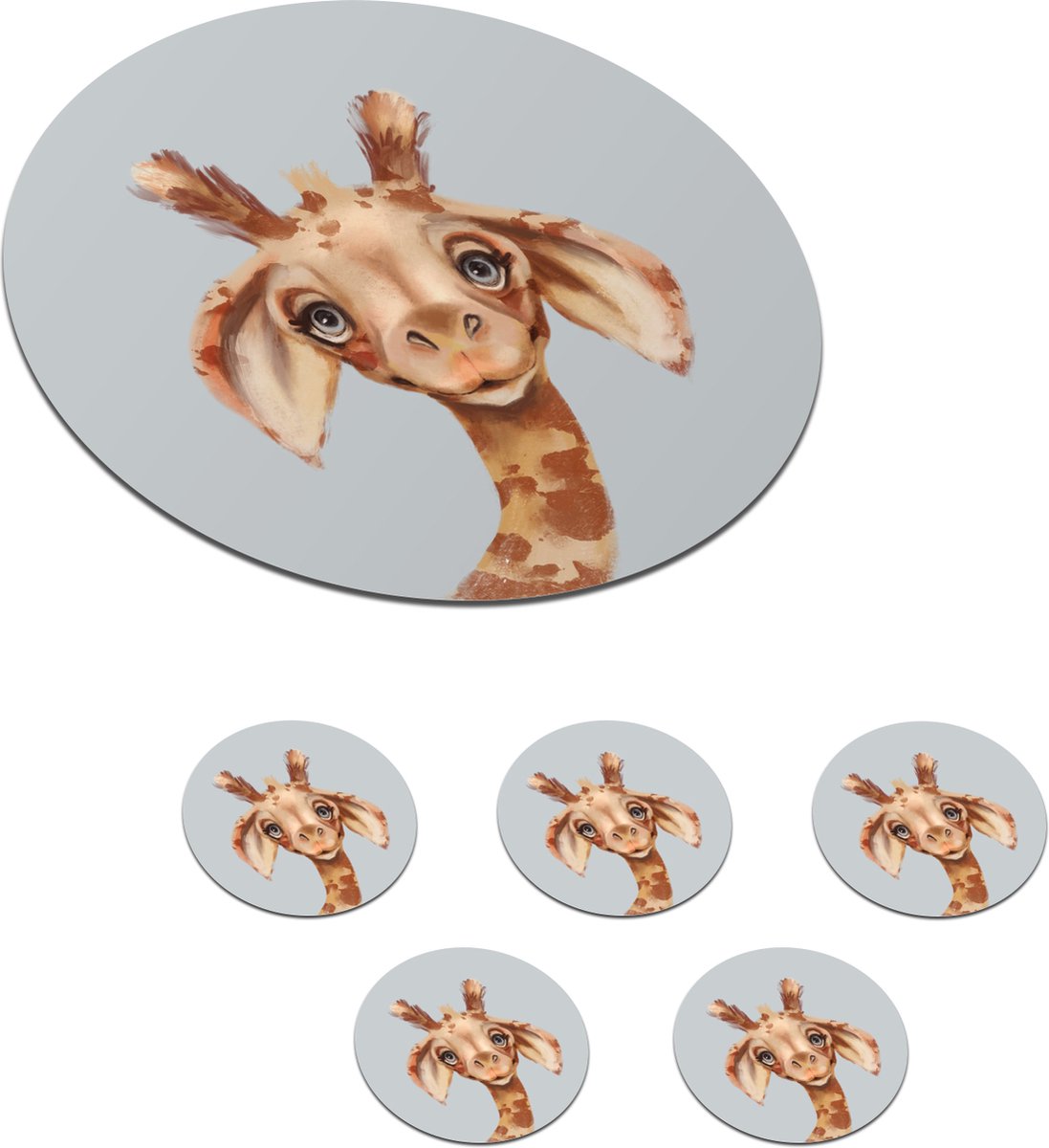Onderzetters voor glazen - Rond - Giraf - Jungle - Dier - 10x10 cm - Glasonderzetters - 6 stuks