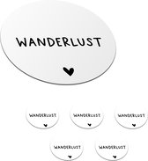 Onderzetters voor glazen - Rond - Engelse quote Wanderlust met een hartje op een witte achtergrond - 10x10 cm - Glasonderzetters - 6 stuks