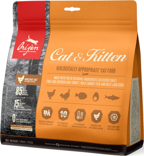 Orijen Cat & Kitten zak biologisch voer voor katten.