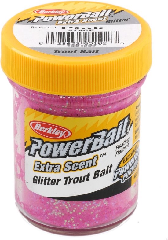 Berkley PowerBait Extra Scent Glitter Trout Bait, roze kleur. Zwevend/Flottant.
