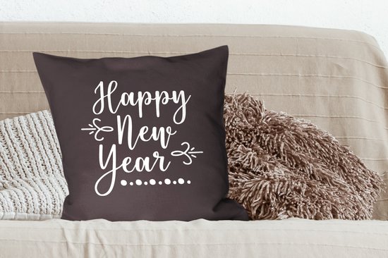 Sierkussen décoratif Citations du Nouvel An pour l'intérieur - Citation du Nouvel An ``Happy année '' - décoration murale noir - 60x60 cm - coussin intérieur carré en coton