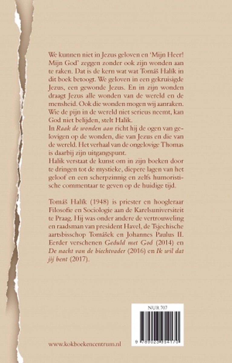 Achterkant van het boek 'Raak de wonden aan'. Beige met tekst en ISBN-barcode.