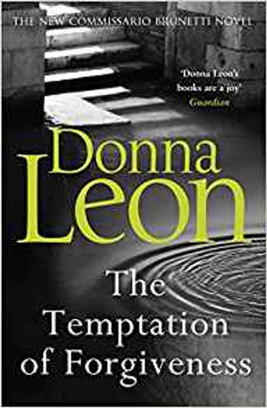 La couverture du livre 'The Temptation of Forgiveness' de Donna Leon, avec le titre en lettres jaunes sur fond sombre.