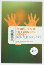 Roman 'Ik omhels je met duizend armen' van Ronald Giphart. Een persoon met handen tegen glas.