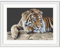 Thea Gouverneur - Borduurpakket met telpatroon - 579.05 - Voorgesorteerde DMC Garens - Tijger - Zwarte Aida - 45 cm x 35 cm - DIY Kit