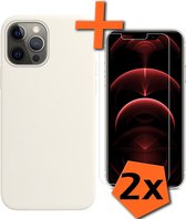 iPhone 13 Pro Hoesje Siliconen Case Met 2x Screenprotector Met Dichte Notch - iPhone 13 Pro Hoes Siliconen Cover Met 2x Beschermglas - Wit