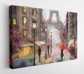 Olieverf op doek, Parijs straatbeeld. Kunstwerk, Eiffeltoren. Mensen onder de rode paraplu. Boom. Frankrijk - Moderne kunst canvas - Horizontaal - 674573290 - 80*60 Horizontal