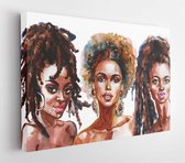 Aquarel schoonheid Afrikaanse vrouwen. Mode illustratie kleuren. Hand getekend portret van mooie meisjes op witte achtergrond - Modern Art Canvas - Horizontaal - 1085156564 - 80*60