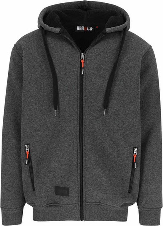 Donkergrijze hoodie met rits, zwarte trekkoorden en oranje accenten op de ritsen van de zakken. Herock-logo zichtbaar.