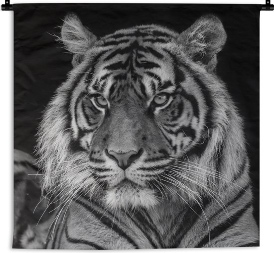 Wandkleed - Wanddoek - Sumatraanse tijger op zwarte achtergrond in zwart-wit - 90x90 cm - Wandtapijt