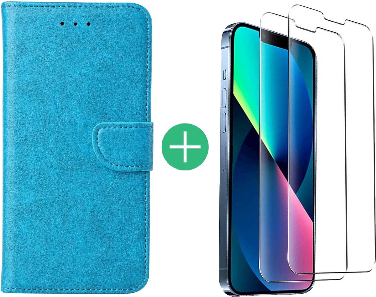Hoesje Geschikt voor iPhone 13 bookcase met 2 Pack Screenprotector gehard glas – Blauw