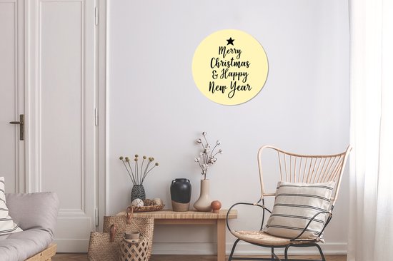 Citation de Noël Joyeux Noël et Happy année sur un fond jaune cercle mur plaque en plastique - ⌀ 30 cm - peinture ronde - impression photo en plastique (forex) cercle cercle / vie mur / (décoration murale)