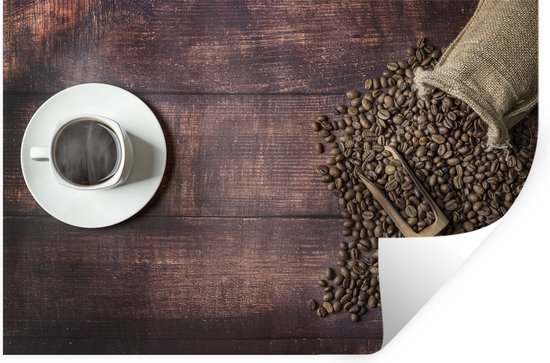 Stickers Stickers muraux - Sac avec des grains de café à côté d'une tasse de café - 60x40 cm - Feuille adhésive