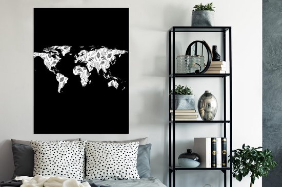 Décoration murale - Carte du Wereldkaart - Plantes - Zwart - 90x120 cm - Affiche