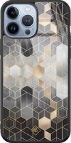 iPhone 13 Pro Max hoesje glass - Grey cubes | Apple iPhone 13 Pro Max  case | Hardcase backcover zwart