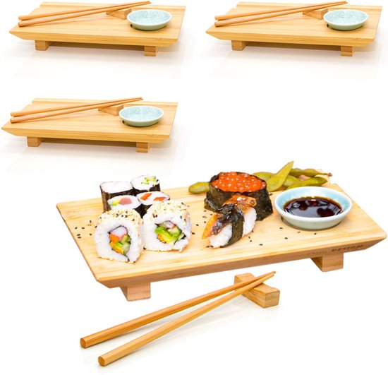 verdrievoudigen Kostuums Ongunstig 4x Japanse Sushi Serveerbladen - 27x16x4 Bamboe Borden - Houten Planken met  Schaaltjes | bol.com