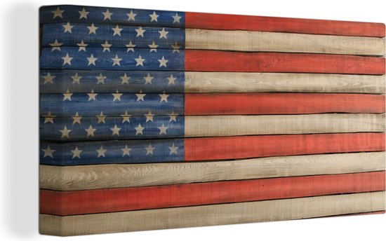 Canvas schilderij 160x80 cm - Wanddecoratie Vlag van Verenigde Staten op houten palen - Muurdecoratie woonkamer - Slaapkamer decoratie - Kamer accessoires - Schilderijen