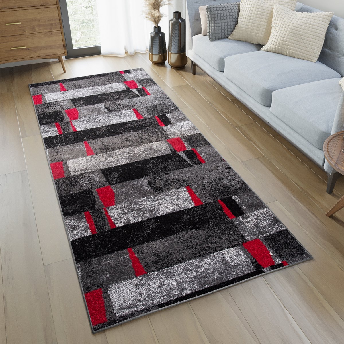 Tapiso Jawa Tapijt Loper Grijs Rood Zwart Woonkamer Slaapkamer Hal Maat 80x950