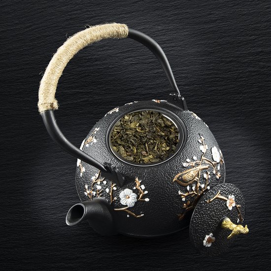 SakuraTea - Theepot - Gietijzer - 1L - Vogel/Bloem - Inclusief Theefilter - Sakura Tea