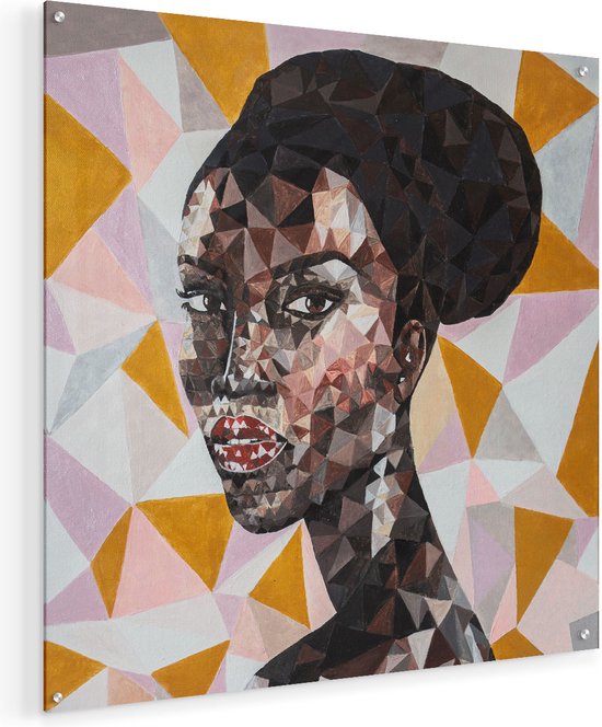Artaza Glasschilderij - Afrikaanse Vrouw In Driehoekjes - Abstract - 60x60 - Plexiglas Schilderij - Foto op Glas