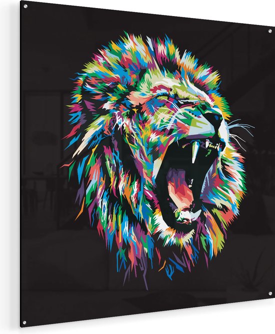 Peinture sur verre Artaza - Lion coloré - tête de Lion - abstrait - 80 x 80 - Groot - peinture en plexiglas - Photo sur Glas