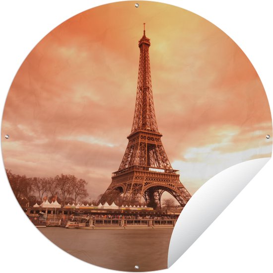 Tuincirkel Eiffeltoren - Parijs - Lucht - 60x60 cm - Ronde Tuinposter - Buiten
