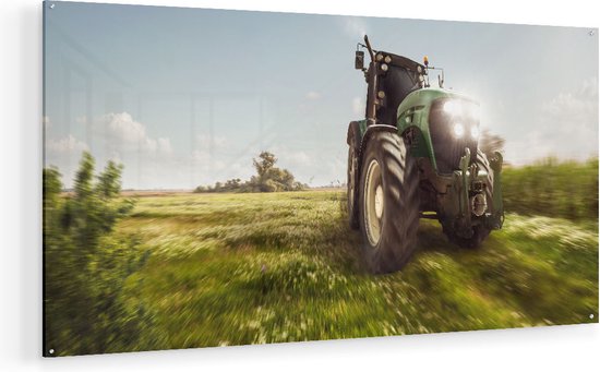 Artaza Glasschilderij - Tractor op het Gras - Trekker - 140x70 - Groot - Plexiglas Schilderij - Foto op Glas