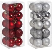 Kleine kunststof kerstversiering 40x stuks set en 3 cm kerstballen in het zilver en rood - Voor kleine kerstbomen