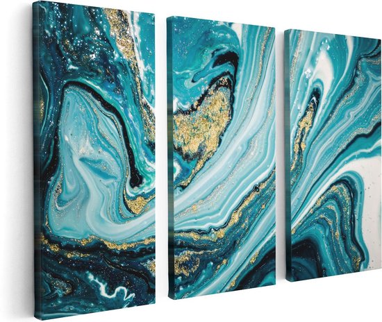 Artaza - Triptyque de peinture sur toile - Art abstrait de Luxe en Blauw et or - 120x80 - Photo sur toile - Impression sur toile