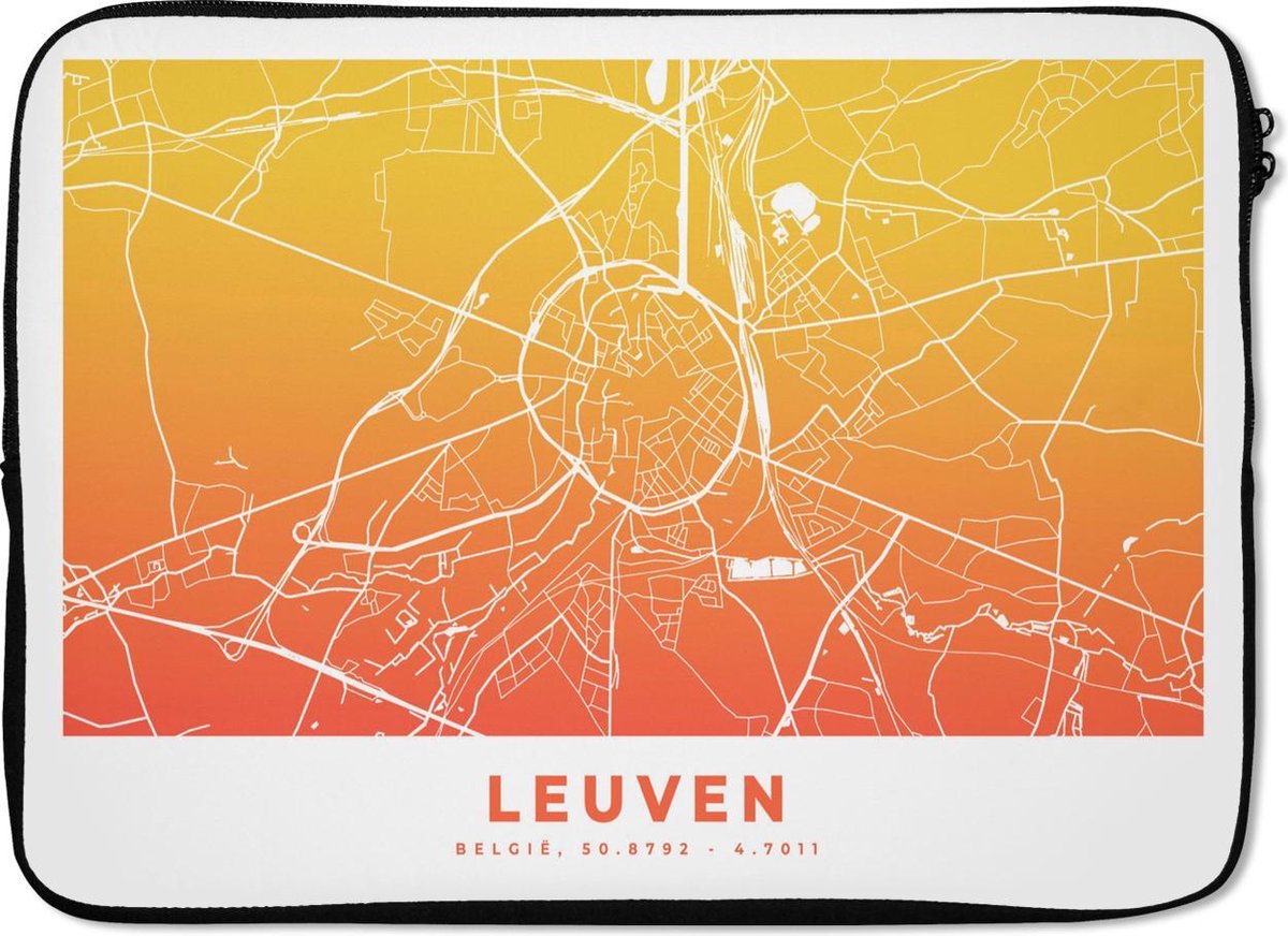 Laptophoes 13 inch - Stadskaart - Leuven - Oranje - Geel - Laptop sleeve - Binnenmaat 32x22,5 cm - Zwarte achterkant
